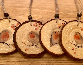 Woodland Wood Slice Christmas Robin Christmas Tree Ornament Decoration Tag Gift