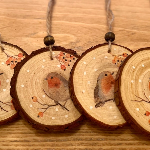 Woodland Wood Slice Christmas Robin Christmas Tree Ornament Decoration Tag Gift