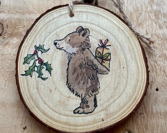 Woodland Wood Slice Christmas Bear Tree Decoration