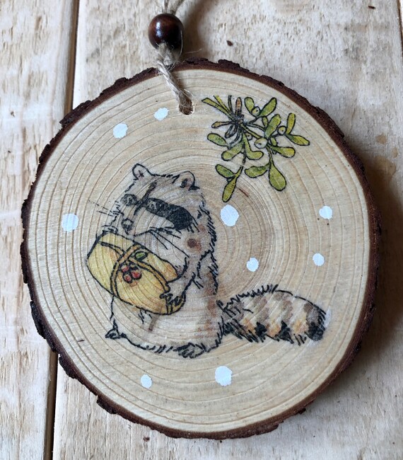 Woodland Racoon Christmas Tree Wood Slice Decoration Etsy