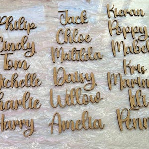 Nomes de lugares de casamento personalizados em madeira, nomes de lugares cortados a laser, planta de assentos, deixados em branco para uma aparência natural ou podem ser pintados de qualquer cor.