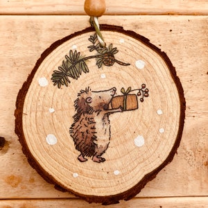 Wood Slice, Woodland Animal, Christmas, Tree, Decoration, Ornament, Festive, Hedgehog, Branch