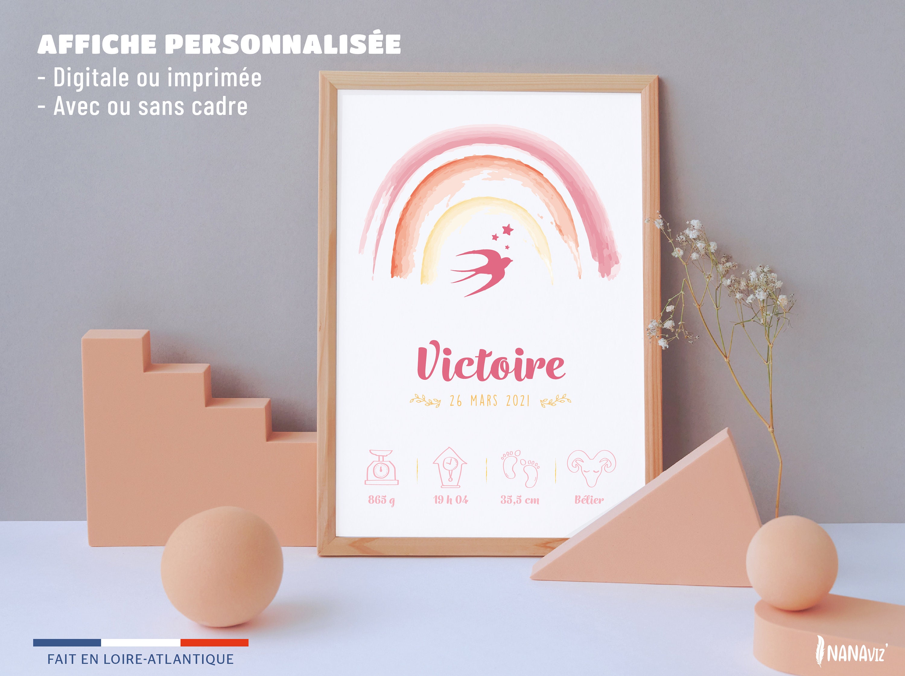 Affiche Naissance Arc en Ciel, Terracotta, Hirondelle, Cadeau Naissance