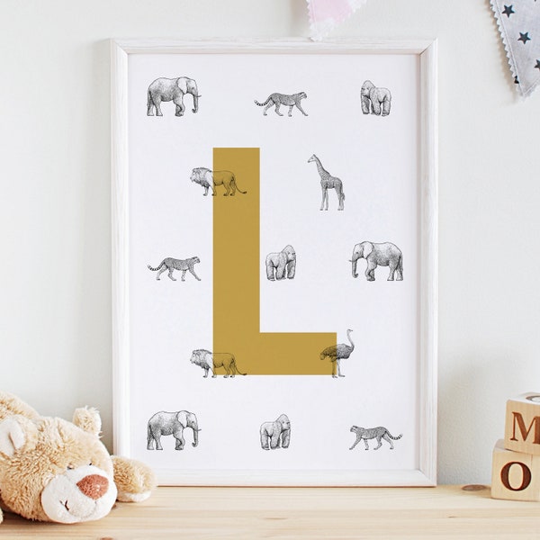 Safari Animals Initial Nursery Print