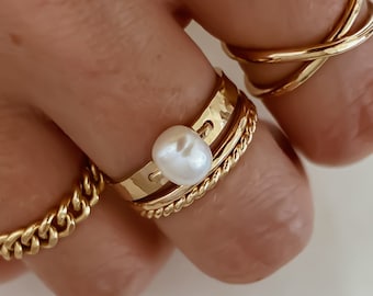 Anillo de perlas, banda de anillo llena de oro de 14k, anillo de perlas de oro, anillo de oro, anillo de perlas blancas de agua dulce