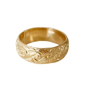 Chunky gold band flower ring 14k gold filled -  Athena Ring