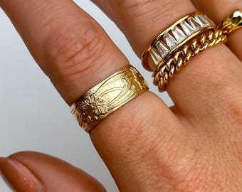 Gold Filled Cigar Band Ring Wide Band Floral Ring Vintage Style Statement Ring Cigar Band Wedding Band Gold Filled Band Floral Band Ring