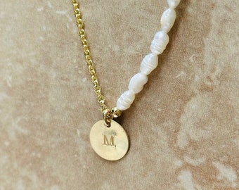 Half pearl initial necklace gold filled