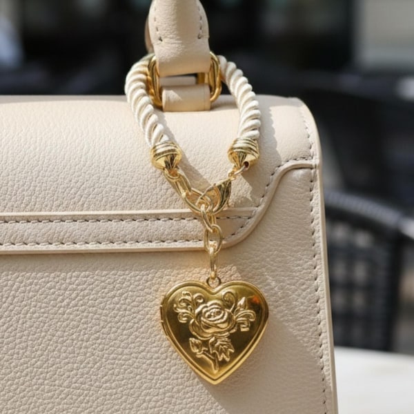 Heart Locket Bag Charm Purse Accessory Gold Plush Chain Rose Engraved Pendant Handbag Embellishment Fashion Trend Y2k Aesthetic