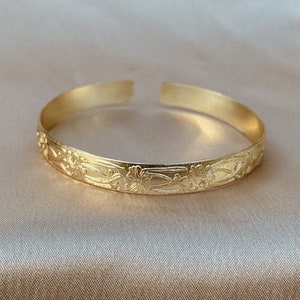 Marigold floral cuff bracelet gold wide cuff bangle bracelet 14k gold filled womens bracelet