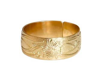Marigold floral cigar band ring 14k gold filled wide band ring flower band