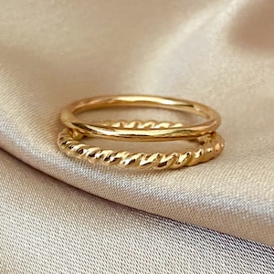 Bold stacking ring set 14k gold filled bold rope and smooth band pair image 1