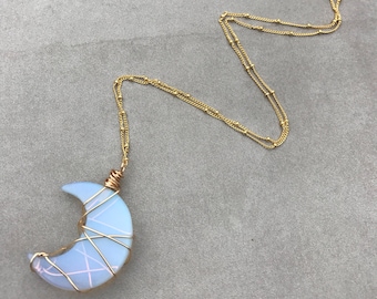 Crescent moon opalite necklace, Crystal necklace, Moon necklace, Celestial jewelry
