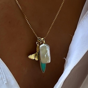 Gold turquoise pearl charm necklace womens gold charm necklace summer jewelry multi charm necklace