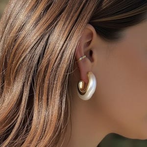 Pearl Hoop Earrings gold abstract pearl hoops womens pearl jewelry summer earrings 18k gold filled hoop earrings