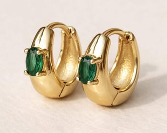 Emerald Hoop Earring Gold Huggie Small Green Gemstone Women Jewelry Gift Birthday Present Mom Dainty Stone Lightweight