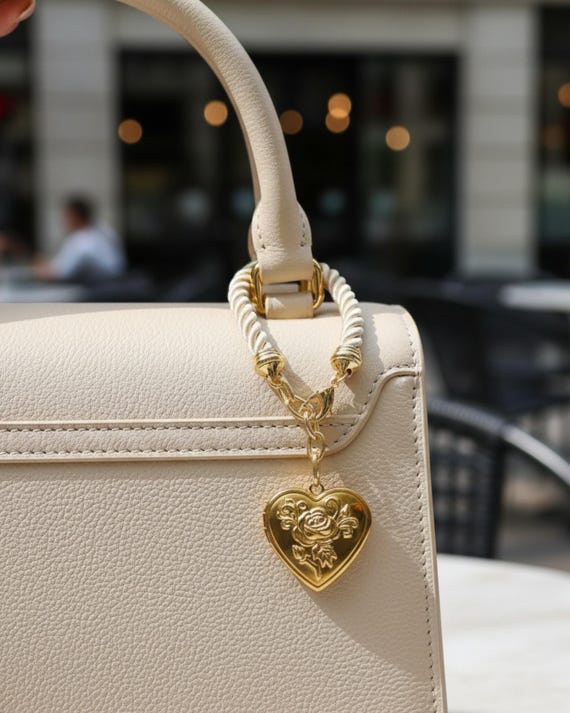 Heart Locket Bag Charm Purse Accessory Gold Plush Chain Rose Engraved Pendant Handbag Embellishment Fashion Trend Y2k Aesthetic