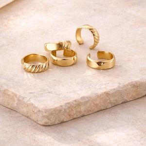 Conjunto de 2 pendientes de aro dorados, estilo minimalista, diseño sin perforación, ajuste regulable, cómodos para uso diario, joyería de regalo. imagen 3