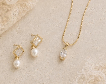 Bridal Jewelry Set Gold Wedding Necklace Pearl Drop Earring Crystal Marquise Stone Studs Bridesmaid Gift Vintage Aesthetic Minimalist