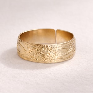 Gold Filled Cigar Band Ring Wide Band Floral Ring Vintage Style Statement Ring Cigar Band Wedding Band Gold Filled Band Floral Band Ring
