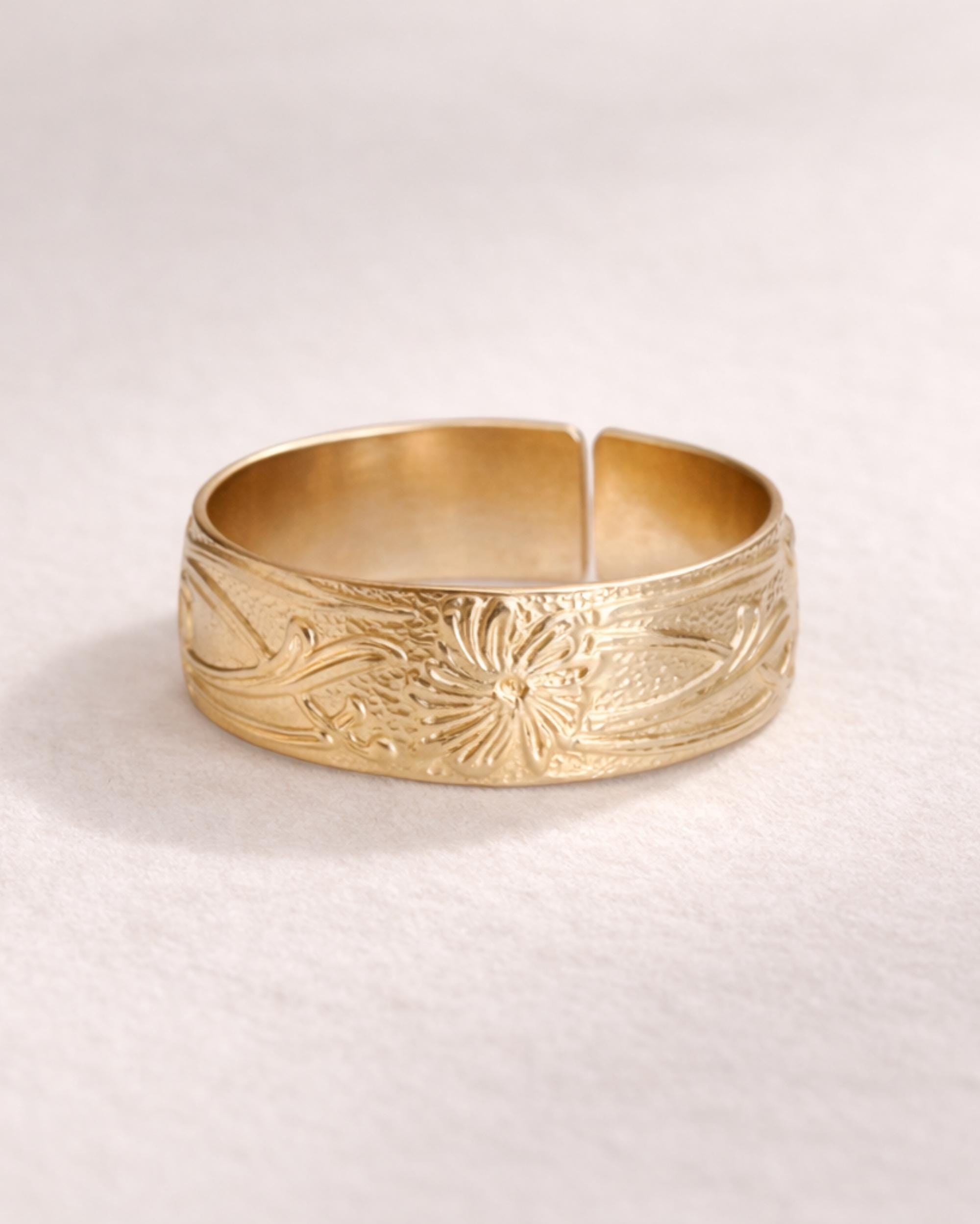 Gold Filled Cigar Band Ring Wide Band Floral Ring Vintage Style