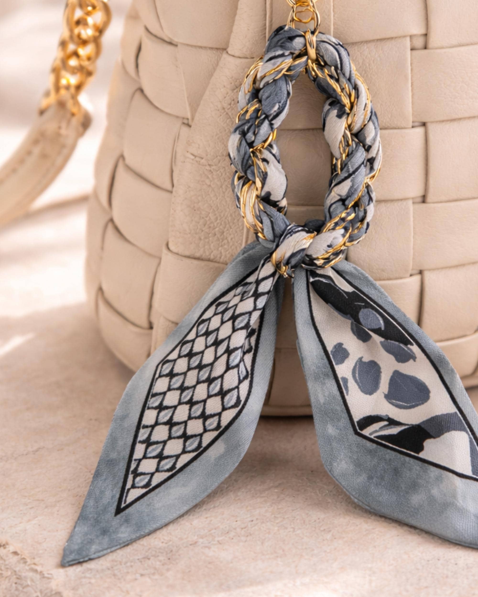 Gold Chain Scarf Bag Chain/Bag Charm with Green and White Silk Accent Golden-Charm-Luxe-Print-Scarf-  main image 4