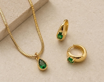 Conjunto de joyas con piedra natal de mayo: pendientes de aro de oro con esmeralda, collar con piedra preciosa verde, regalo de cumpleaños para ella, colgante a juego para mujer.