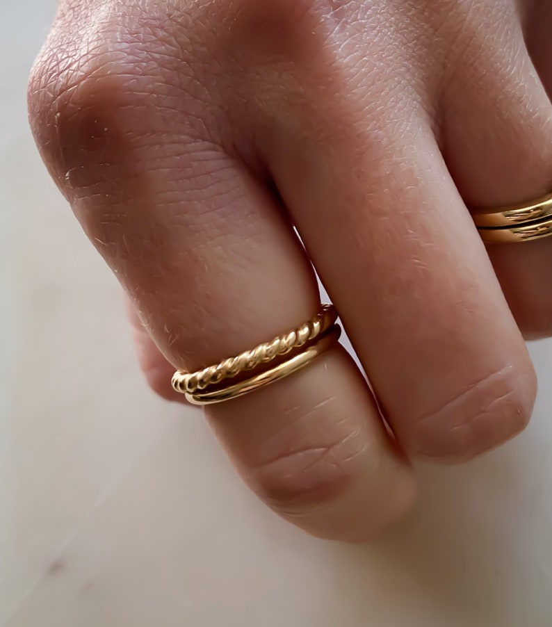 Bold stacking ring set 14k gold filled bold rope and smooth band pair image 3