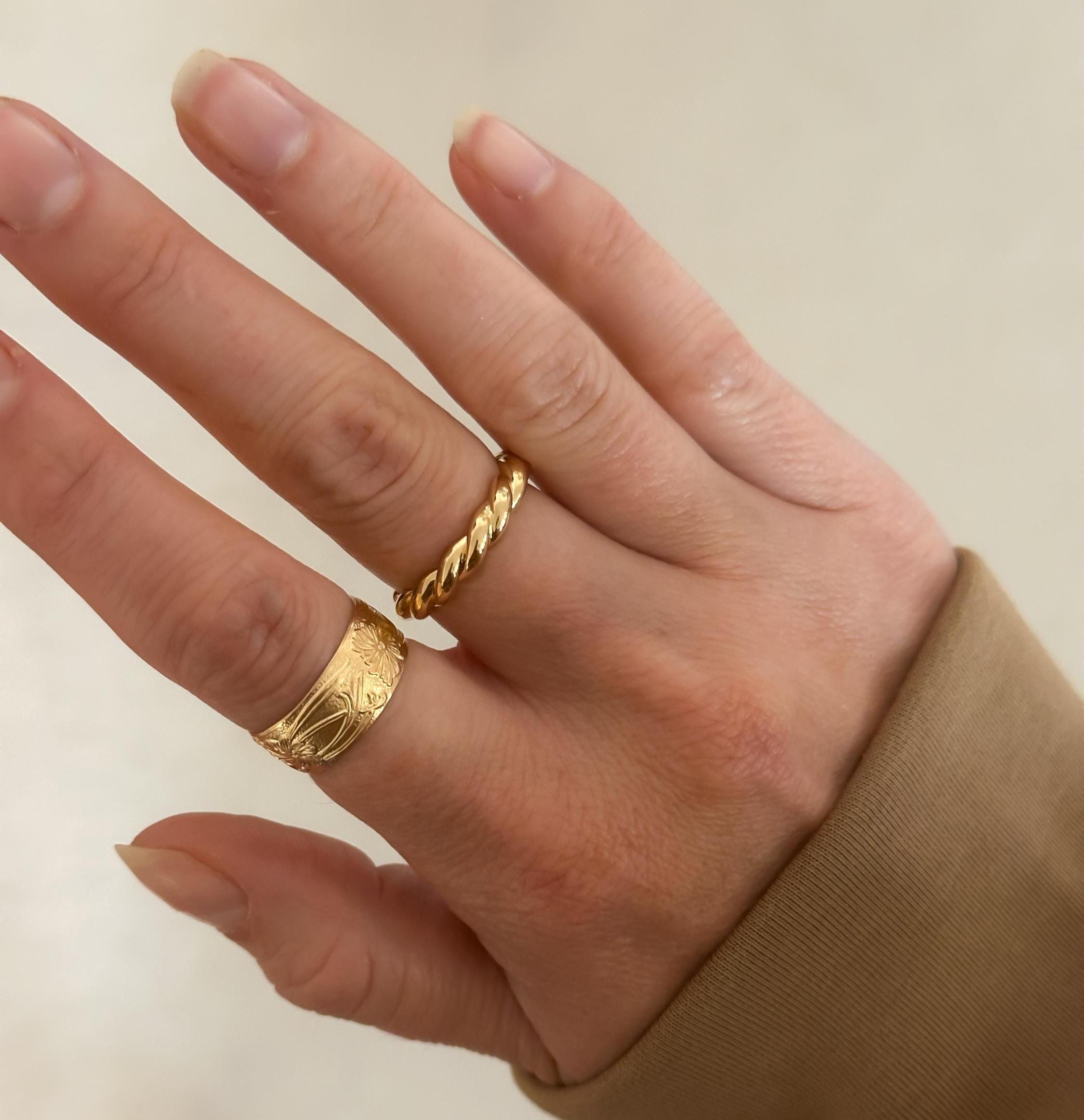 Gold Filled Cigar Band Ring Wide Band Floral Ring Vintage Style