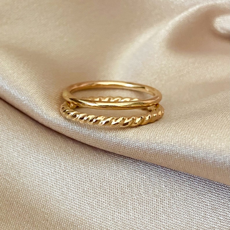 Bold stacking ring set 14k gold filled bold rope and smooth band pair image 1