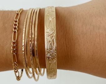Pulsera de puño floral para mujer, pulsera de puño ajustable, brazalete relleno de oro de 14k, regalo para ella