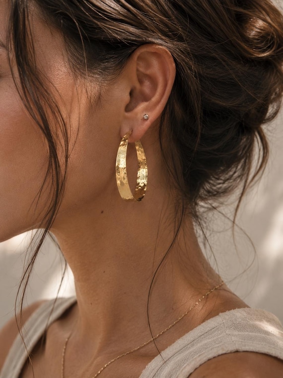 Big Gold Hoop Earrings Statement Everyday Jewelry Hammered Design Elegant Earrings Luxury Gift for Women