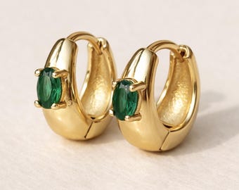 Emerald hoop earrings gold small green gemstone hoop huggie style