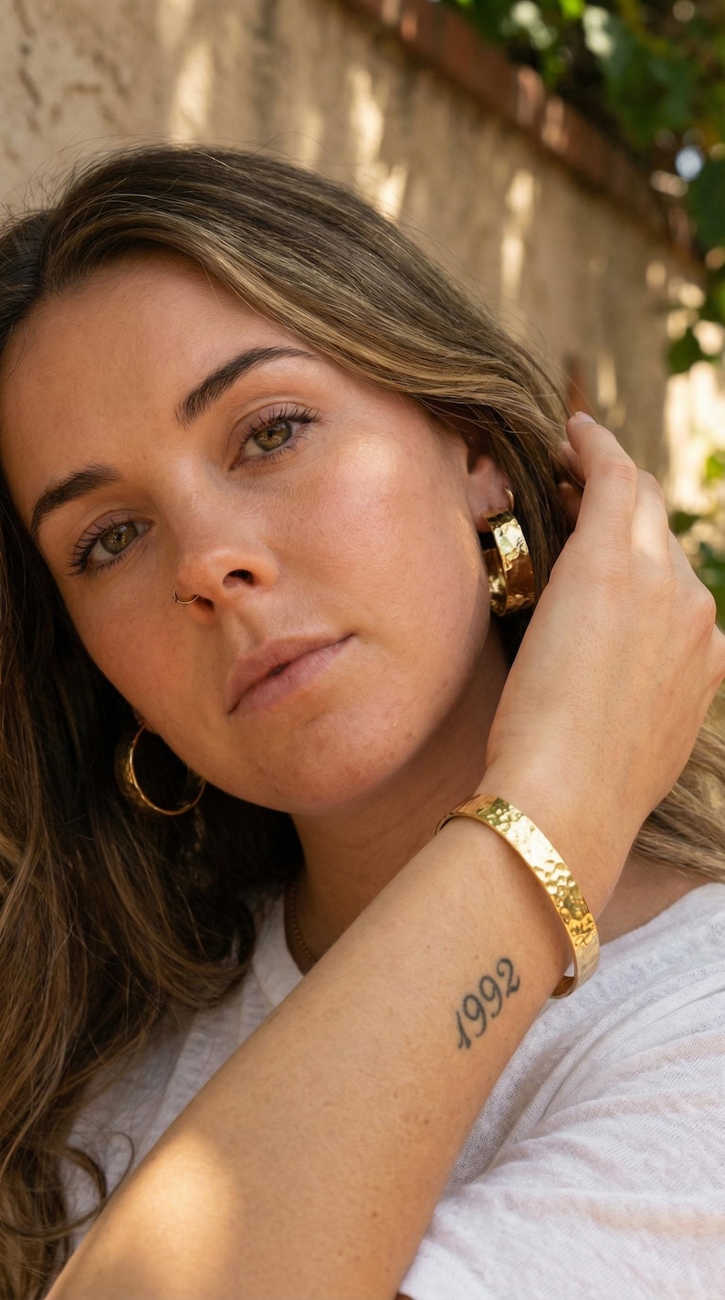 Gold Plated Jewelry Collection Hammered Texture Design Abstract Pattern Details Minimal Style Aesthetic Dainty Bracelet Earring Set Everyday Wear Essentials Modern Fashion Accessories Adjustable Cuff Bracelet Hypoallergenic Hoops Sterling