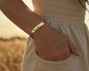 Gold Cuff Bracelet Hammered Metal Jewelry Statement Piece Wave Pattern Design Wrist Band Adjustable Size Handmade Gift For Her