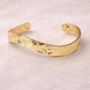 Gold Cuff Bracelet Hammered Metal Jewelry Statement Piece Wave Pattern Design Wrist Band Adjustable Size Handmade Gift For Her Cuff Only