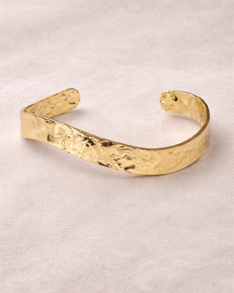 Gold Cuff Bracelet Hammered Metal Jewelry Statement Piece Wave Pattern Design Wrist Band Adjustable Size Handmade Gift For Her Cuff Only