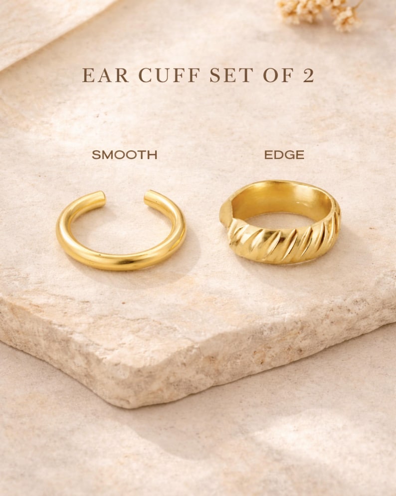 Conjunto de 2 pendientes de aro dorados, estilo minimalista, diseño sin perforación, ajuste regulable, cómodos para uso diario, joyería de regalo. imagen 2