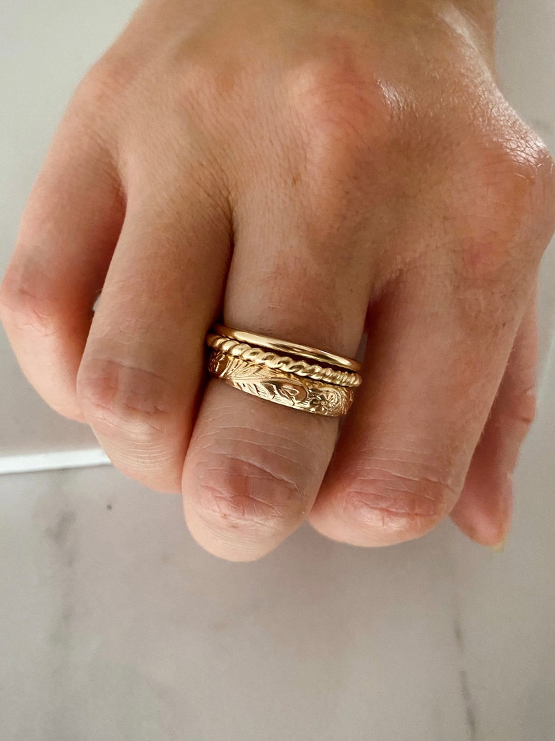 Bold stacking ring set 14k gold filled bold rope and smooth band pair image 5