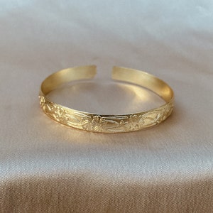 Marigold floral cuff bracelet gold wide cuff bangle bracelet 14k gold filled womens bracelet