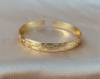Marigold floral cuff bracelet gold wide cuff bangle bracelet 14k gold filled womens bracelet