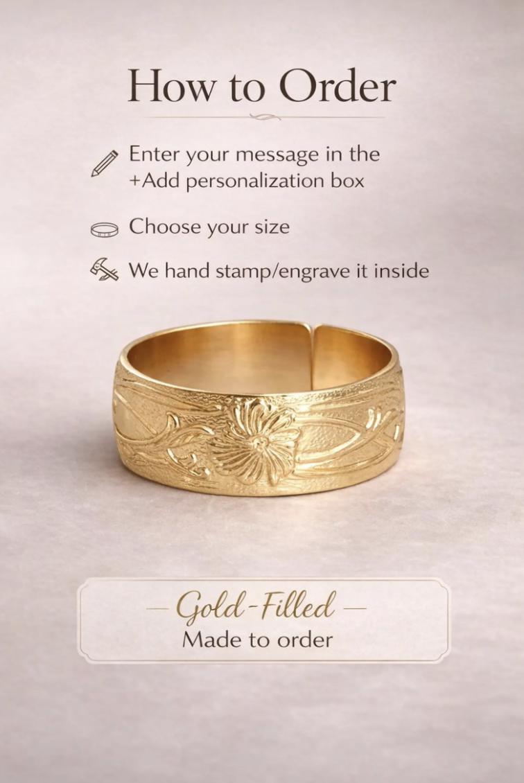 Gold Filled Cigar Band Ring Wide Band Floral Ring Vintage Style