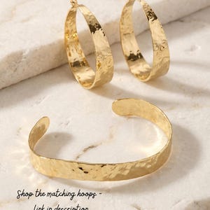 Gold Cuff Bracelet Hammered Metal Jewelry Statement Piece Wave Pattern Design Wrist Band Adjustable Size Handmade Gift For Her image 6