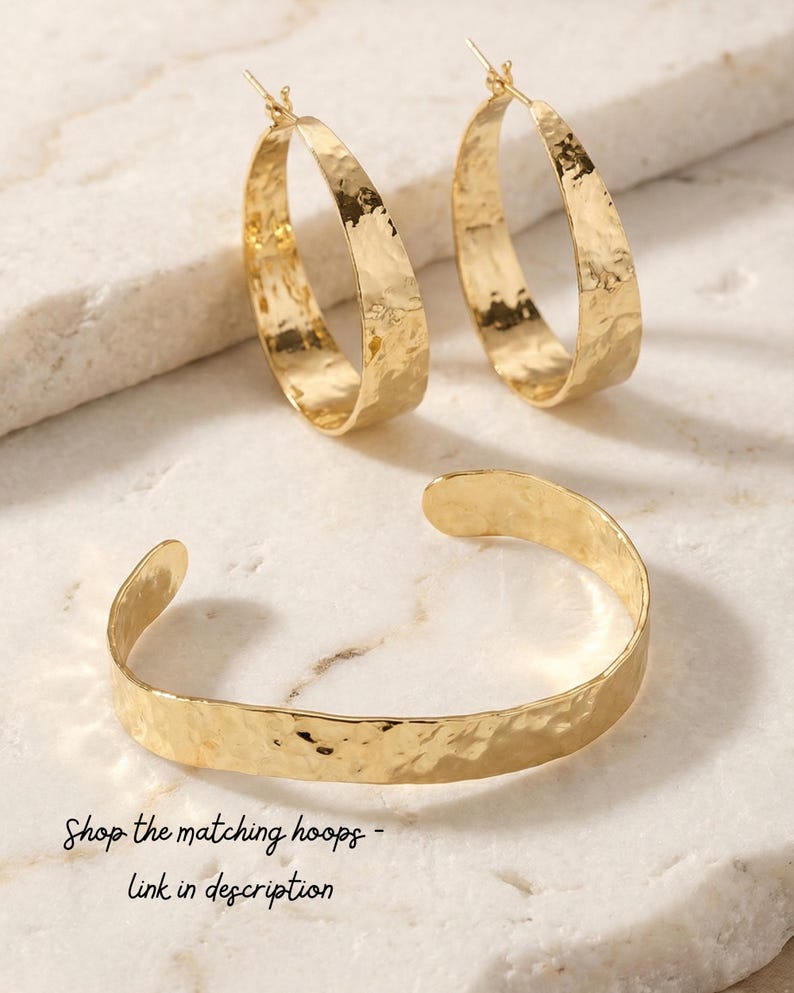 Gold Cuff Bracelet Hammered Metal Jewelry Statement Piece Wave Pattern Design Wrist Band Adjustable Size Handmade Gift For Her image 6