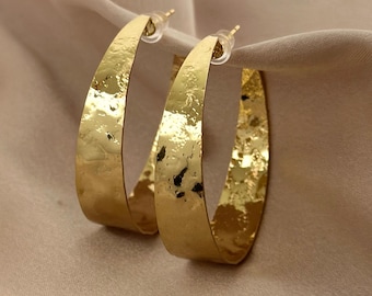 Hammered Gold Hoop Statement Earring Everyday Jewelry Gift Idea Birthday Present Big Hoops Elegant Design Textured Finish Gold Vermeil