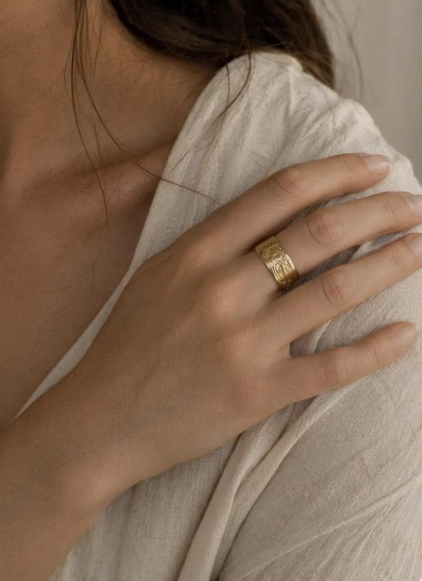 Gold Filled Cigar Band Ring Wide Band Floral Ring Vintage Style