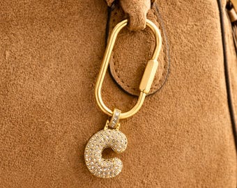 Gold Initial Bag Charm Keychain Pave Letter Personalized Carabiner Luxury Purse Charm Monogram Trendy Gift for Her