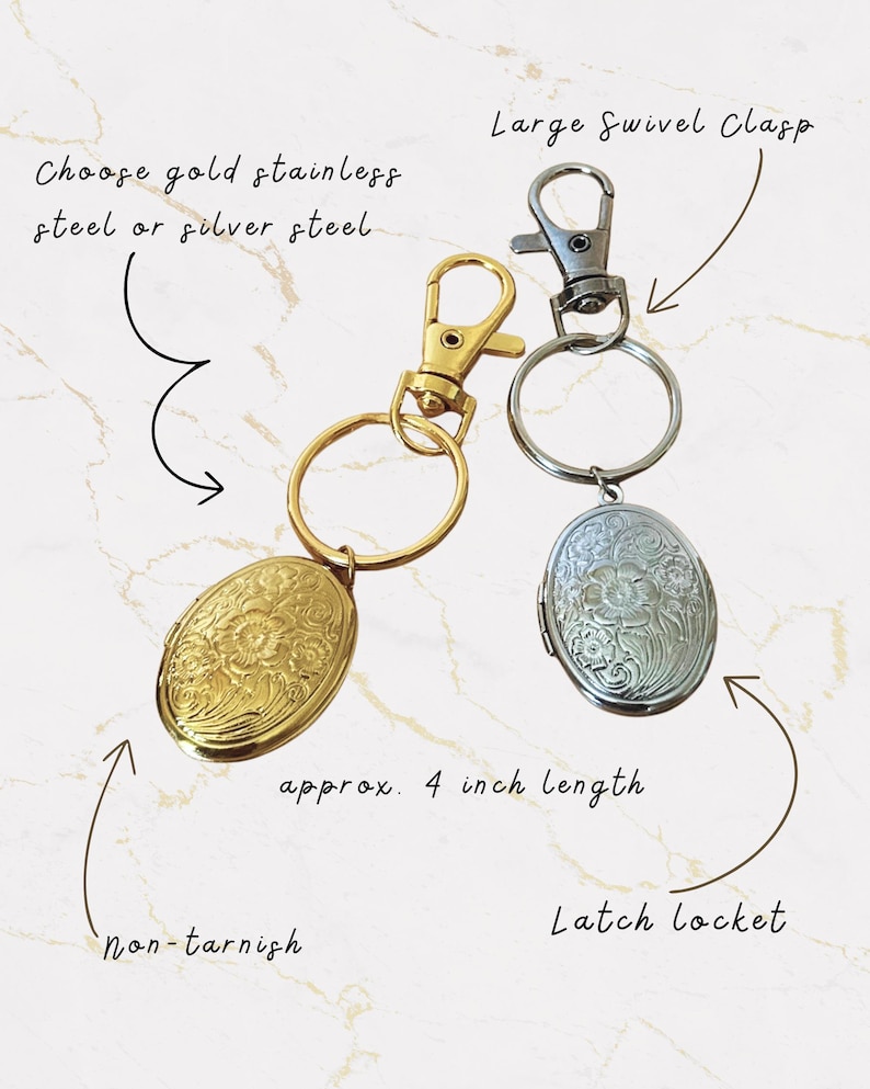 May include: Two oval lockets with floral designs, one gold and one silver, attached to keychains with swivel clasps. The gold locket is non-tarnish. Each locket is approximately 4 inches in length.