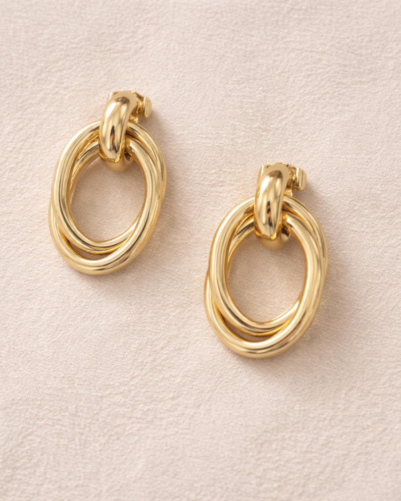 Gold Twisted Hoop Earring Bold Oval Design Statement Elegant Wire Thick Jewelry Trendy Style image 1
