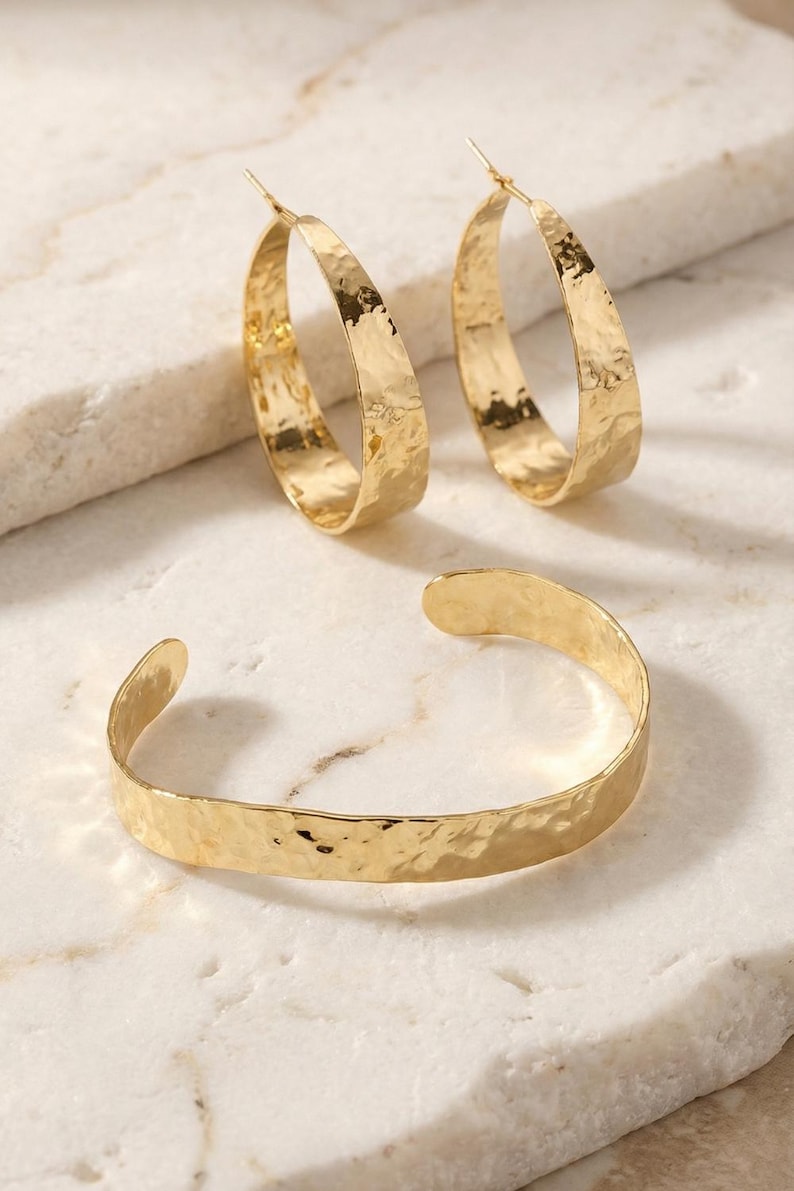 Hammered Gold Jewelry Set Gift For Women Birthday Present Anniversary Gift Modern Design Minimal Style Abstract Pattern Cuff Bracelet Hoop Earrings Hypoallergenic Materials Everyday Wear Office Outfit Special Occasion Tarnish Resistant
